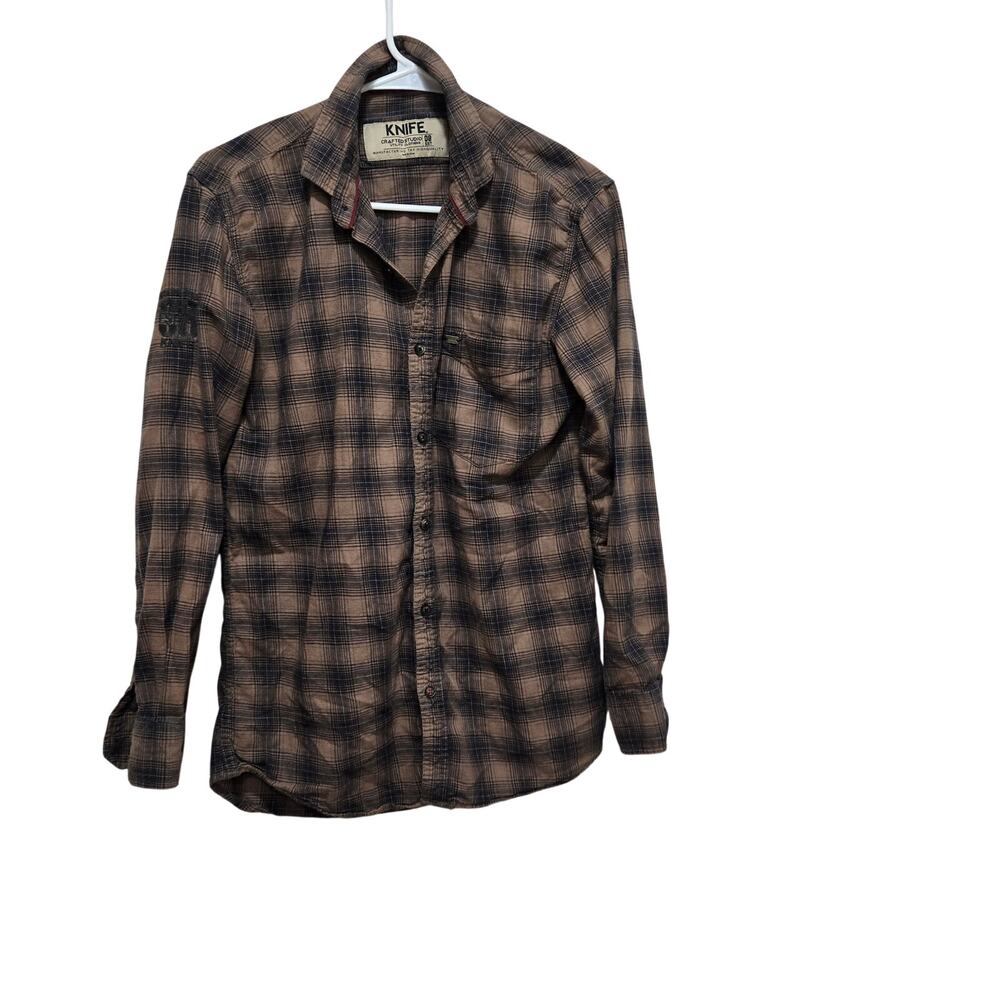 Knife Plaid Flannel Shirt Medium Brown Cotton Button Up
